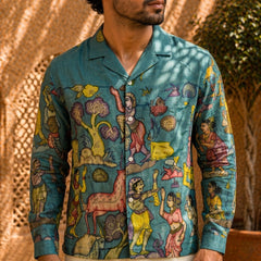 Amber Shirt - Nilgiri | Men's Relaxed Fit Kalamkari Shirt with Cuban Collar & Mother of Pearl Buttons