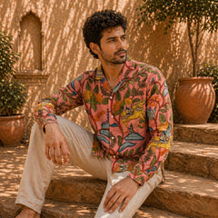 Amber Shirt - Jaisalmer Blush | Men's Relaxed Fit Kalamkari Shirt with Cuban Collar & Mother of Pearl Buttons