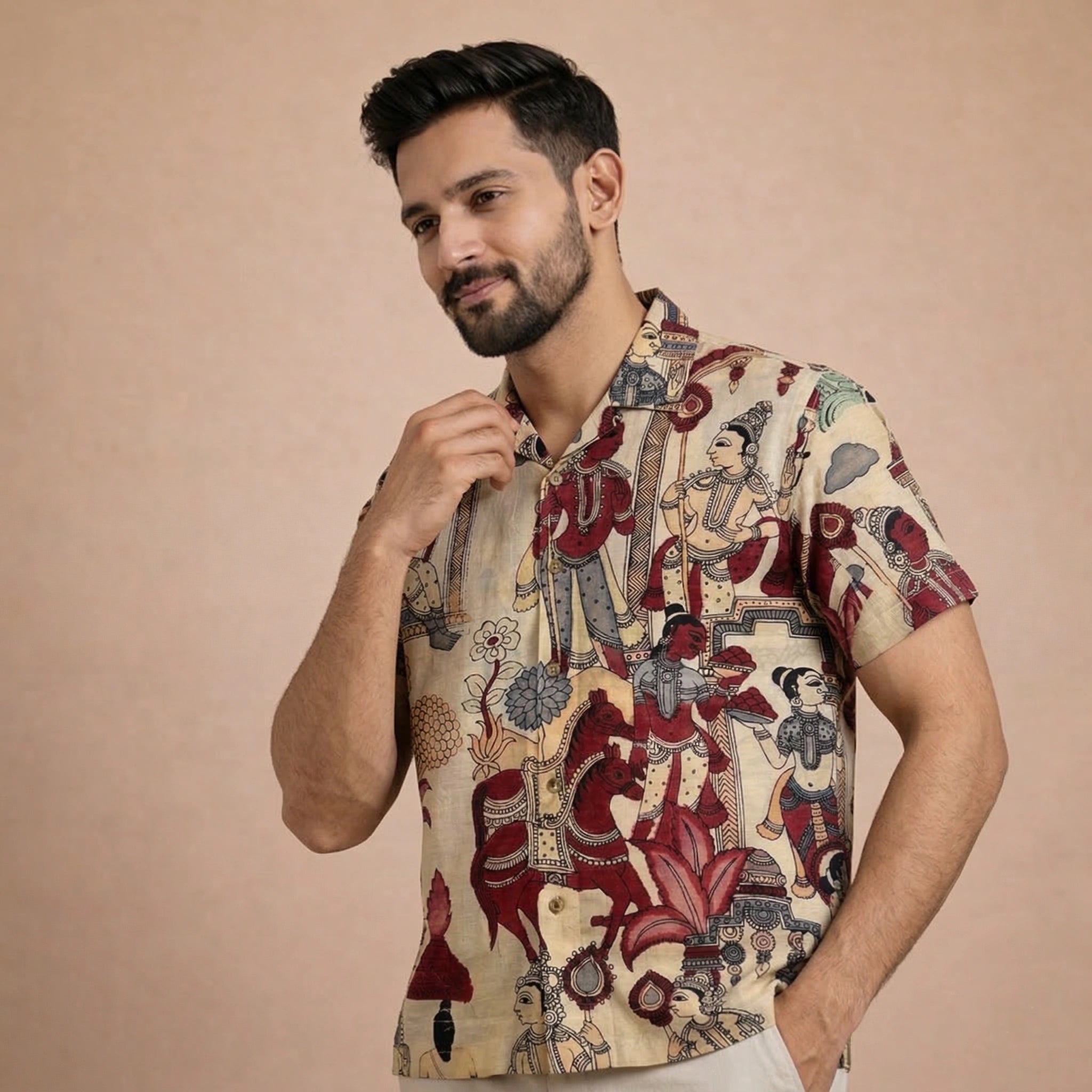 Earthy Beige Kalamkari Shirt | Linen Fabric with Corozzo Buttons