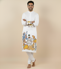 White Kalamkari Inspired Men’s Kurta – Premium Cotton Ethnic Wear