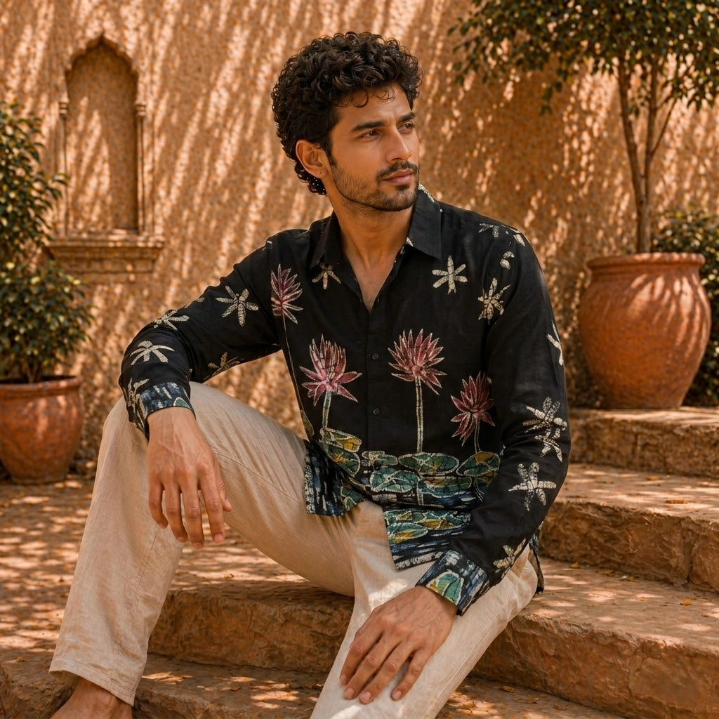 Men's Black Lotus Garden Inspired Kalamkari Art Linen Shirt For Ethnic Wear & Festive Gatherings