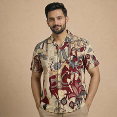 Earthy Beige Kalamkari Shirt | Linen Fabric with Corozzo Buttons