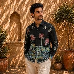 Men's Black Lotus Garden Inspired Kalamkari Art Linen Shirt For Ethnic Wear & Festive Gatherings