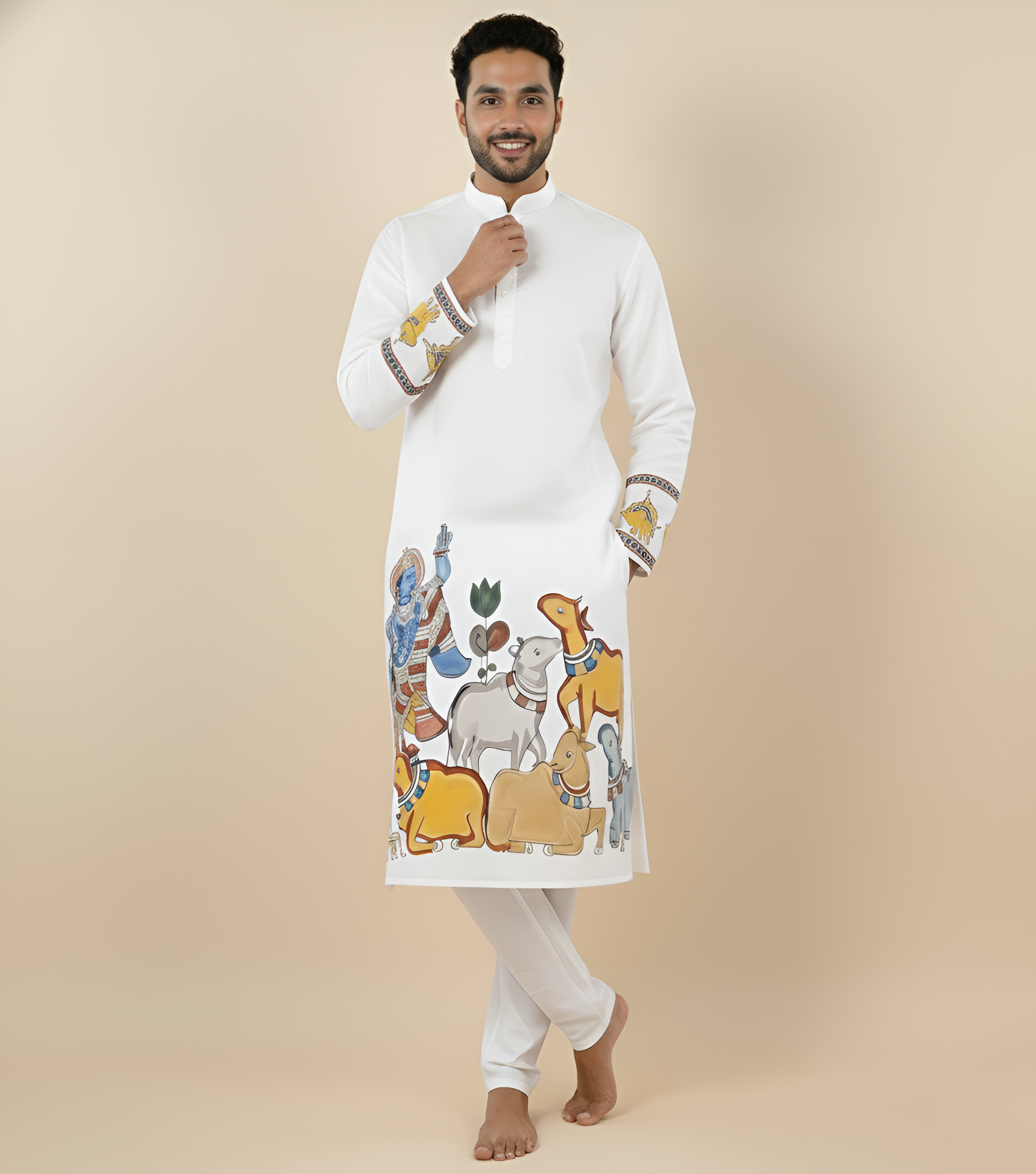 White Kalamkari Inspired Men’s Kurta – Premium Cotton Ethnic Wear