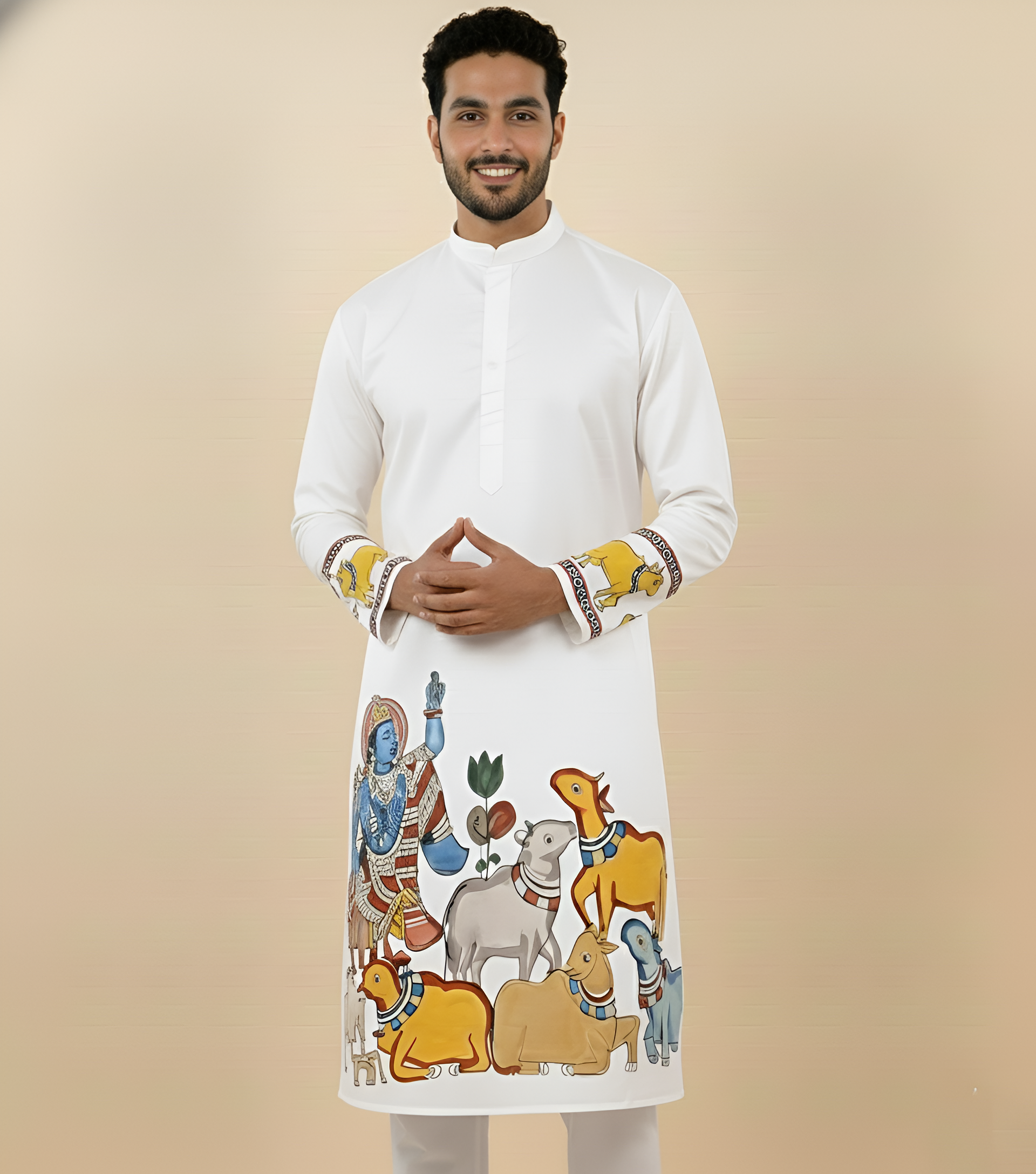 White Kalamkari Inspired Men’s Kurta – Premium Cotton Ethnic Wear
