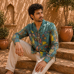 Amber Shirt - Nilgiri | Men's Relaxed Fit Kalamkari Shirt with Cuban Collar & Mother of Pearl Buttons