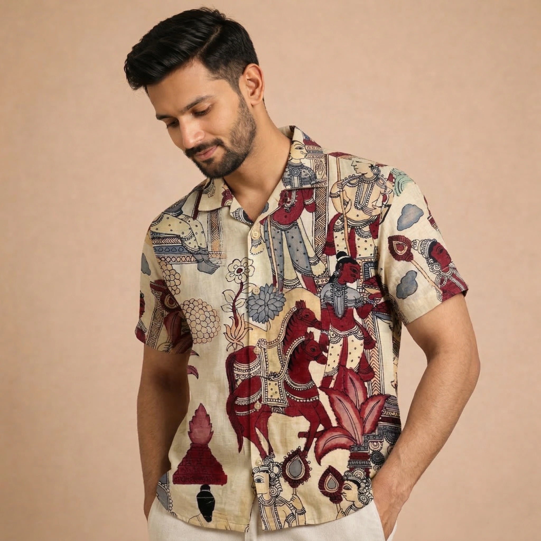 Earthy Beige Kalamkari Shirt | Linen Fabric with Corozzo Buttons