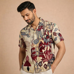 Earthy Beige Kalamkari Shirt | Linen Fabric with Corozzo Buttons