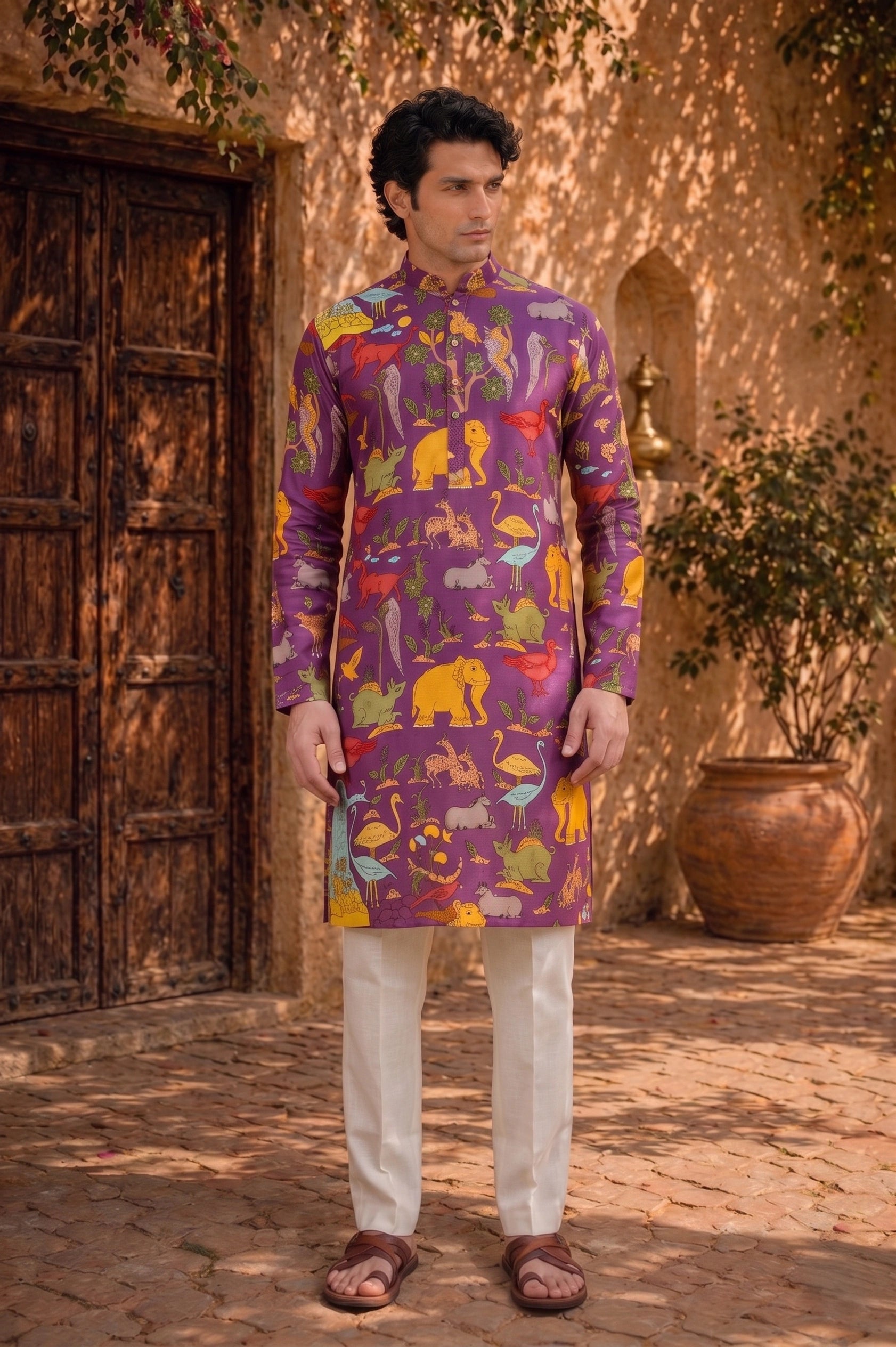 Men’s Purple Kalamkari Kurta With Multicolor Animal Print, Festive Ethnic Wear for Weddings & Celebrations