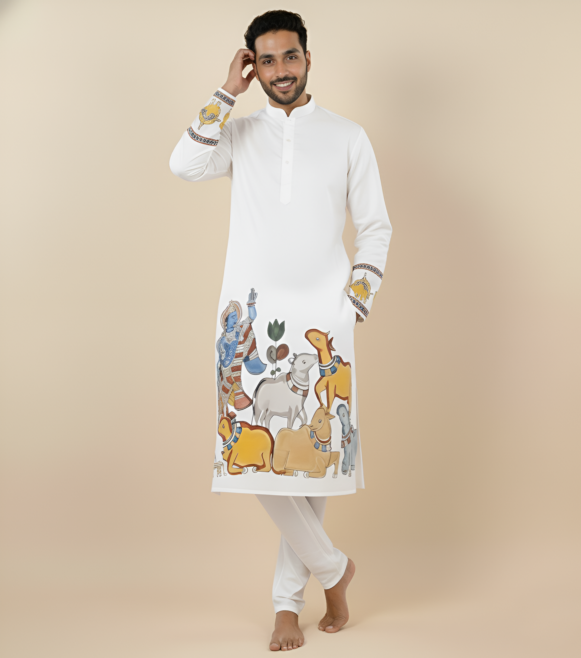 White Kalamkari Inspired Men’s Kurta – Premium Cotton Ethnic Wear