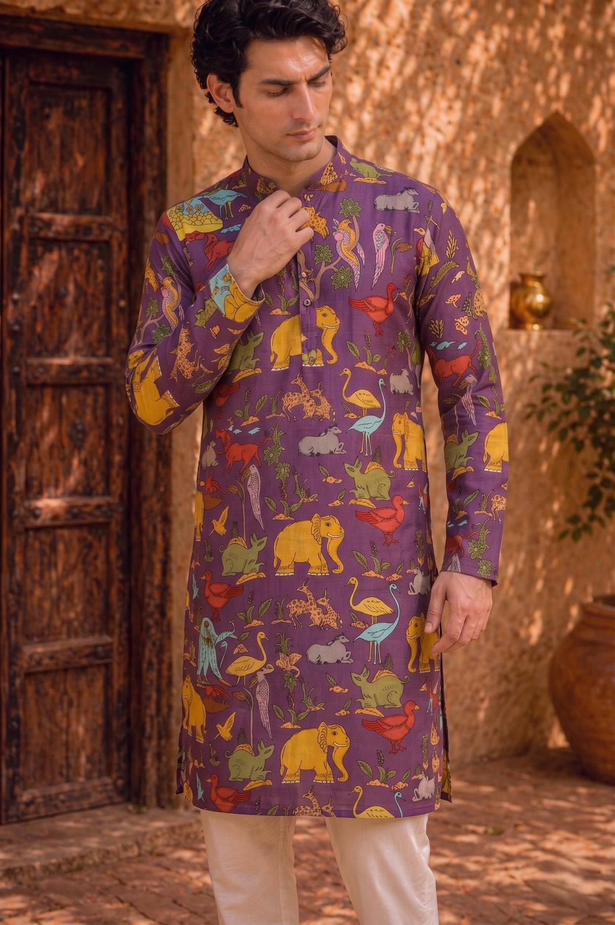 Men’s Purple Kalamkari Kurta With Multicolor Animal Print, Festive Ethnic Wear for Weddings & Celebrations