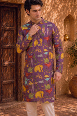 Men’s Purple Kalamkari Kurta With Multicolor Animal Print, Festive Ethnic Wear for Weddings & Celebrations