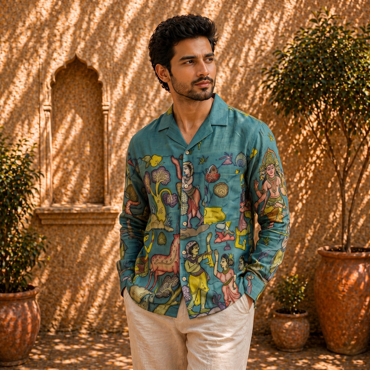 Amber Shirt - Nilgiri | Men's Relaxed Fit Kalamkari Shirt with Cuban Collar & Mother of Pearl Buttons