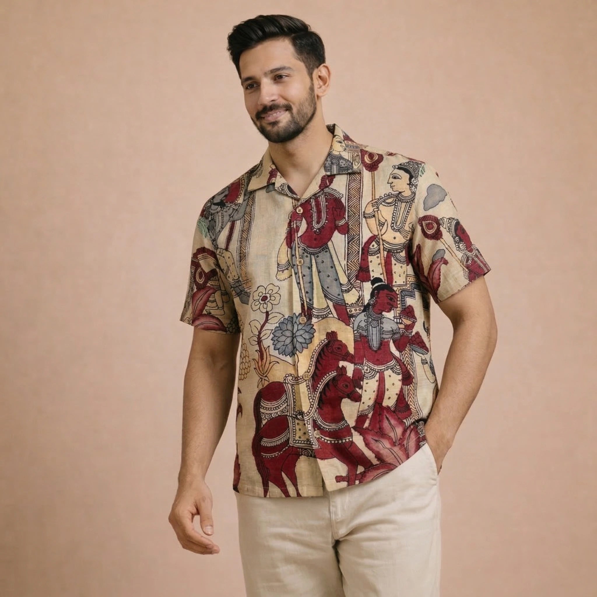 Earthy Beige Kalamkari Shirt | Linen Fabric with Corozzo Buttons