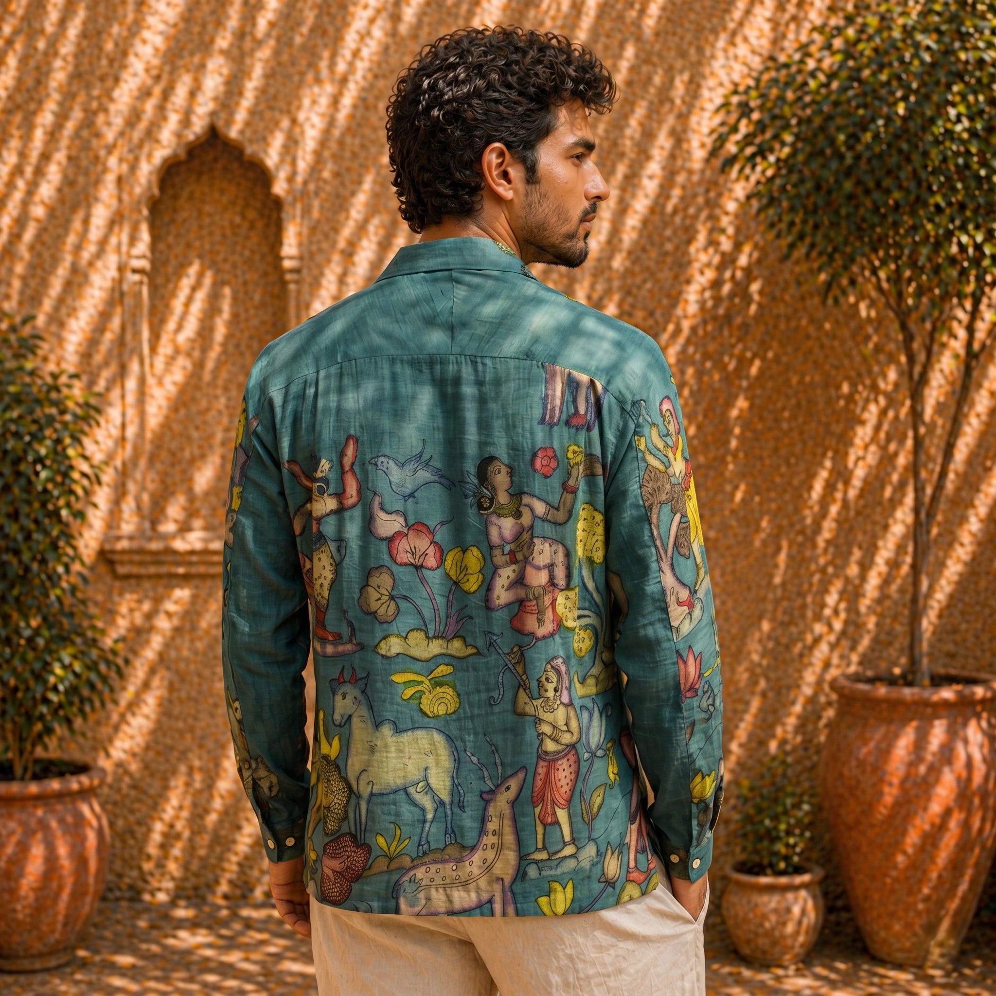 Amber Shirt - Nilgiri | Men's Relaxed Fit Kalamkari Shirt with Cuban Collar & Mother of Pearl Buttons