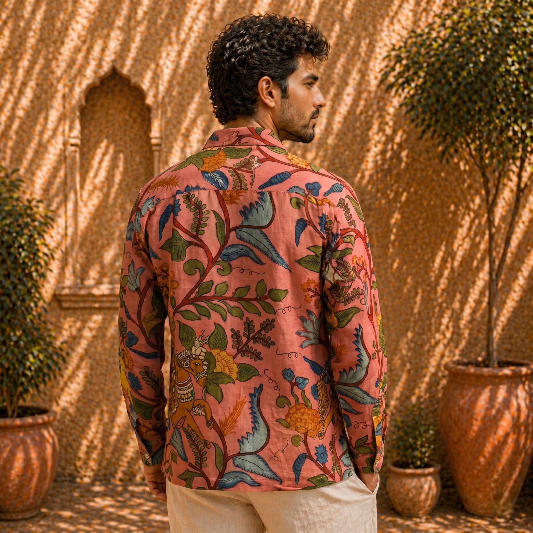 Amber Shirt - Jaisalmer Blush | Men's Relaxed Fit Kalamkari Shirt with Cuban Collar & Mother of Pearl Buttons