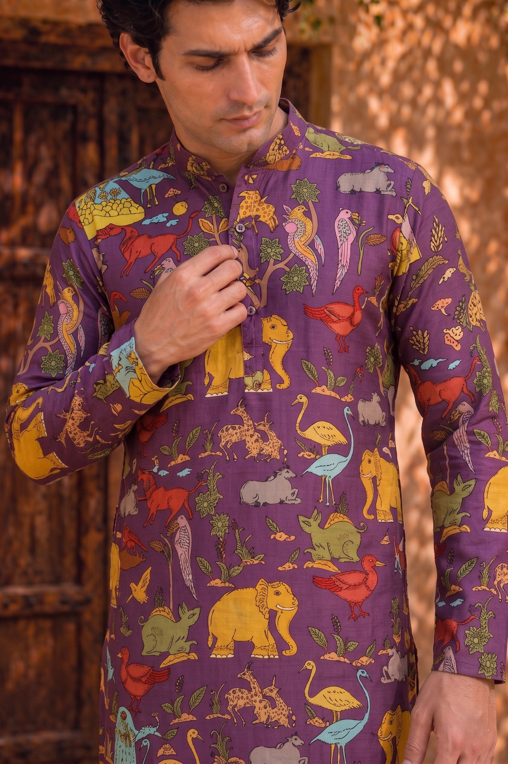 Men’s Purple Kalamkari Kurta With Multicolor Animal Print, Festive Ethnic Wear for Weddings & Celebrations