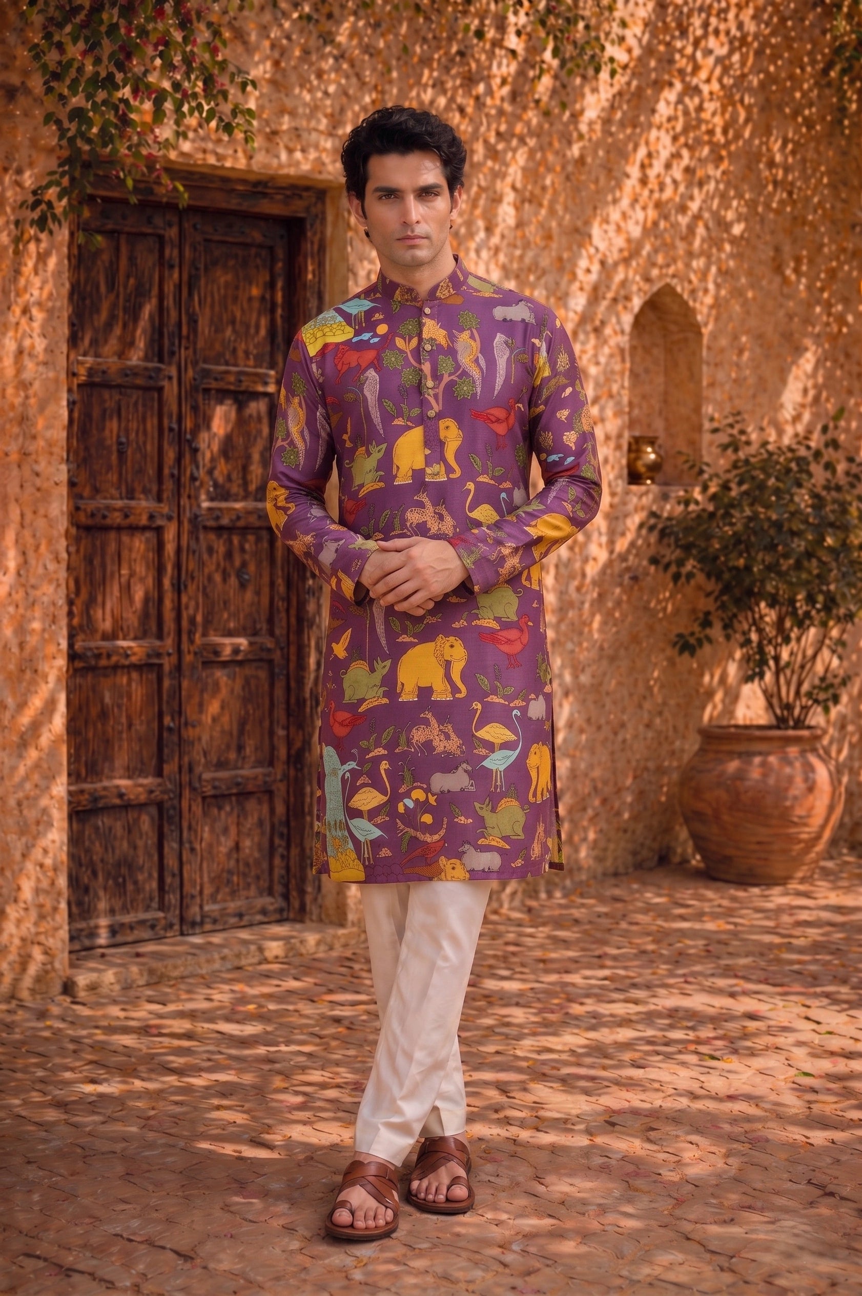 Men’s Purple Kalamkari Kurta With Multicolor Animal Print, Festive Ethnic Wear for Weddings & Celebrations