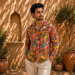Amber Shirt - Jaisalmer Blush | Men's Relaxed Fit Kalamkari Shirt with Cuban Collar & Mother of Pearl Buttons