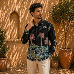 Men's Black Lotus Garden Inspired Kalamkari Art Linen Shirt For Ethnic Wear & Festive Gatherings