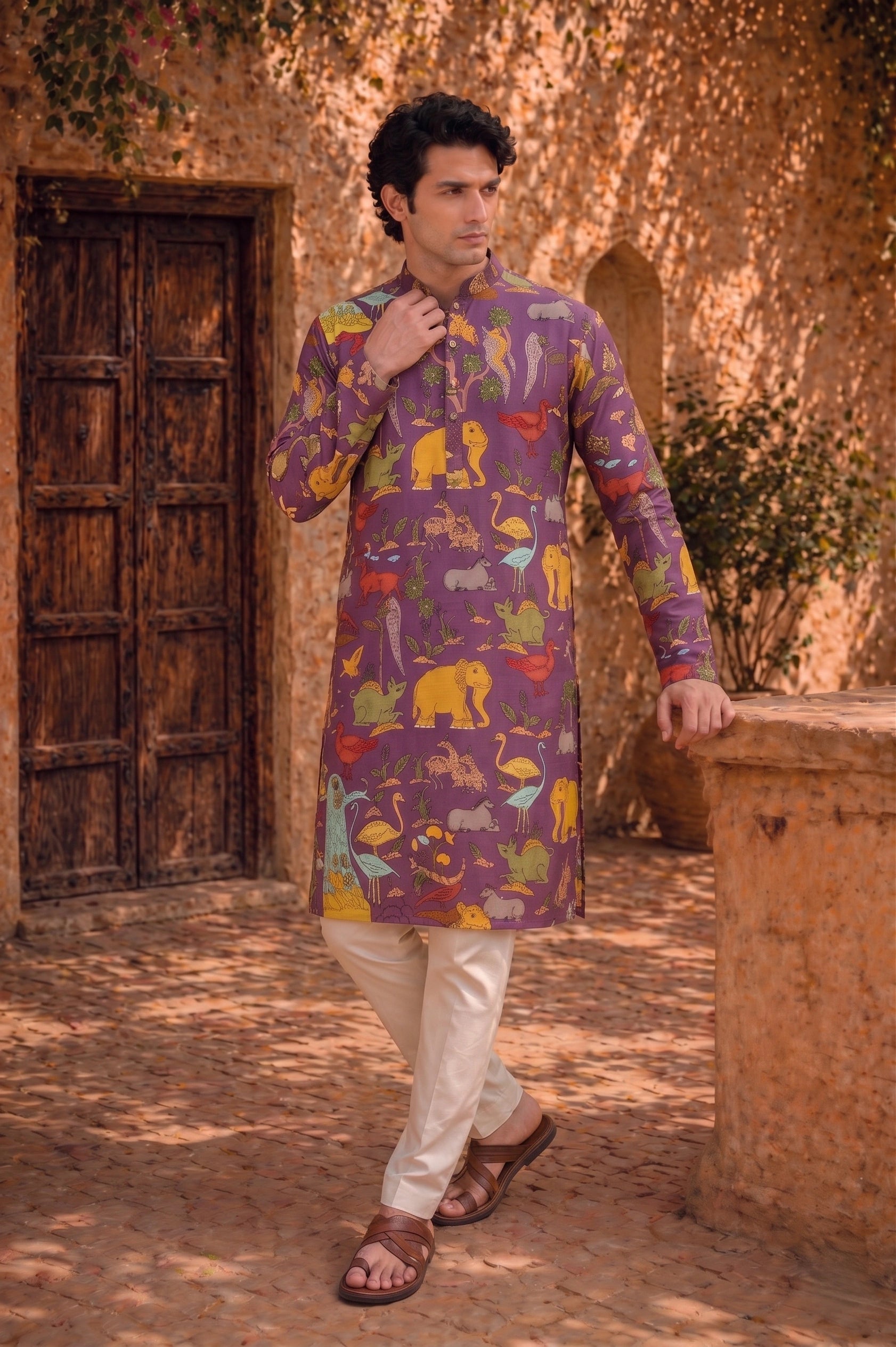 Men’s Purple Kalamkari Kurta With Multicolor Animal Print, Festive Ethnic Wear for Weddings & Celebrations