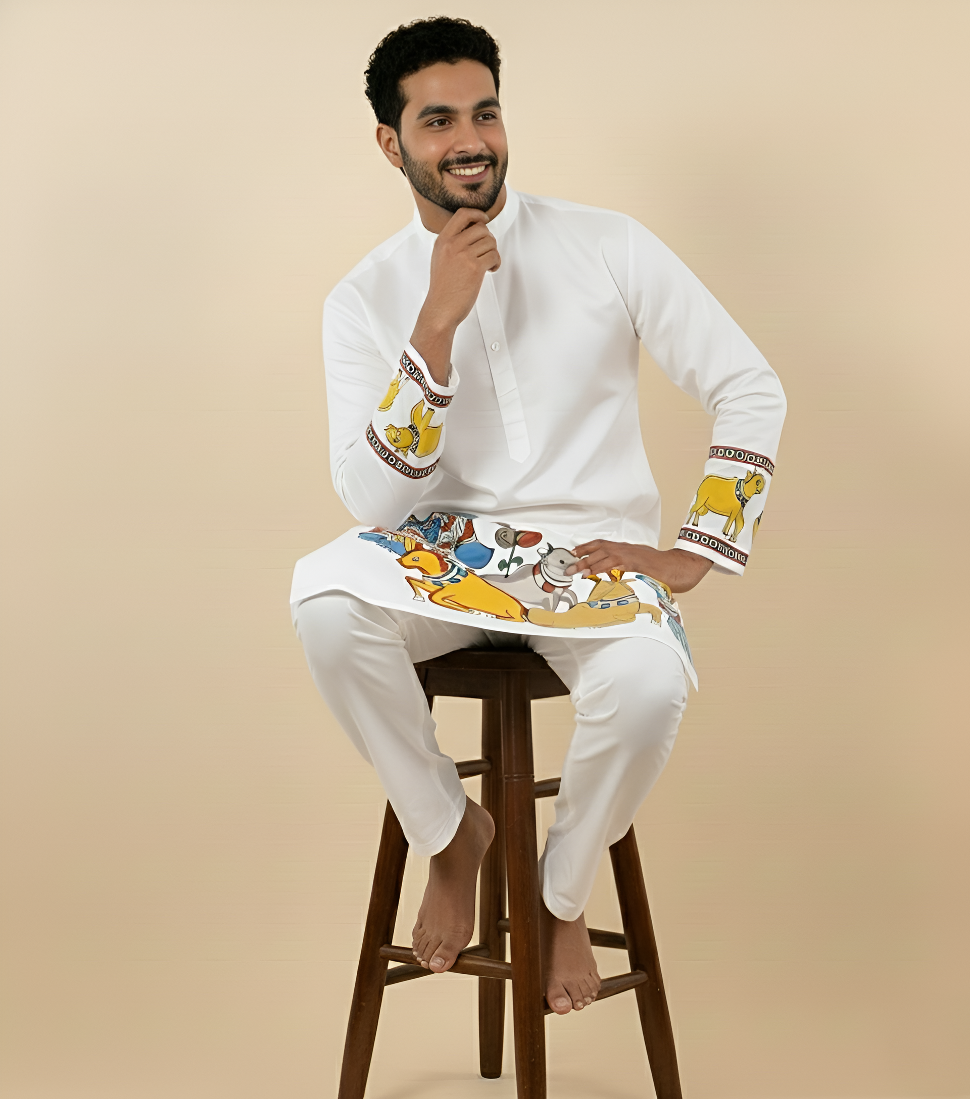 White Kalamkari Inspired Men’s Kurta – Premium Cotton Ethnic Wear