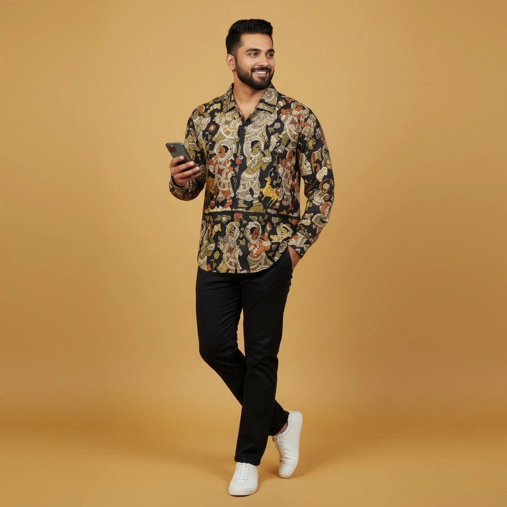 black Ethnic Kalamkari Shirt | Premium Horn Buttons