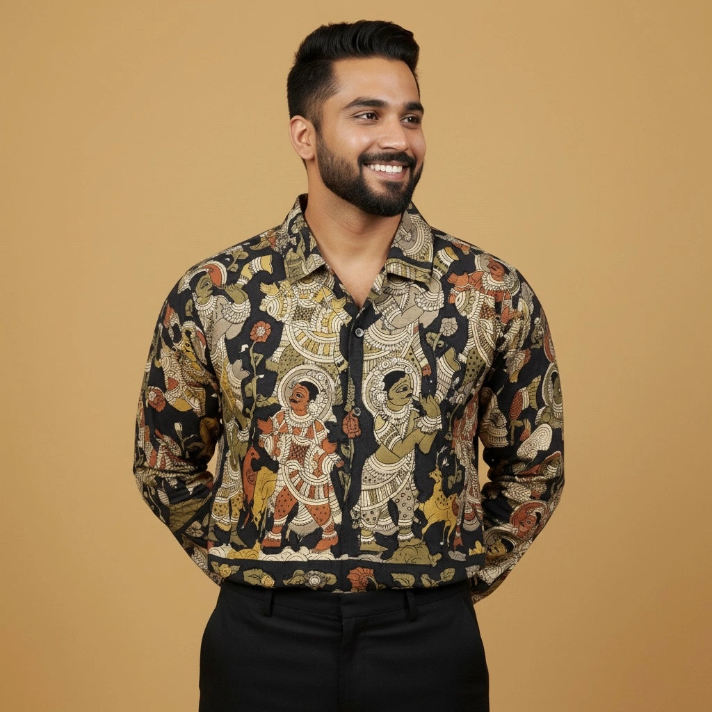 black Ethnic Kalamkari Shirt | Premium Horn Buttons