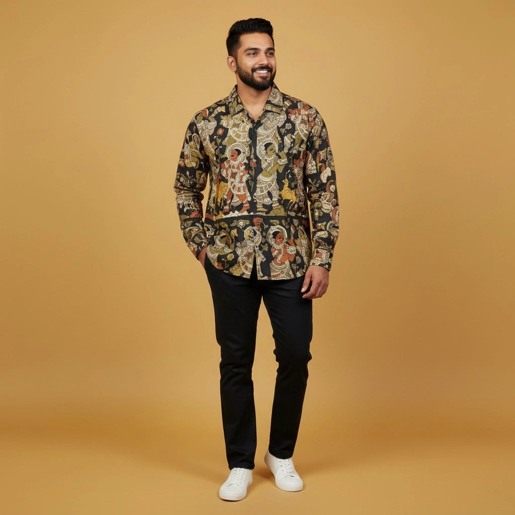 black Ethnic Kalamkari Shirt | Premium Horn Buttons