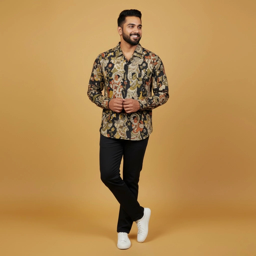 black Ethnic Kalamkari Shirt | Premium Horn Buttons