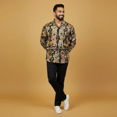 black Ethnic Kalamkari Shirt | Premium Horn Buttons