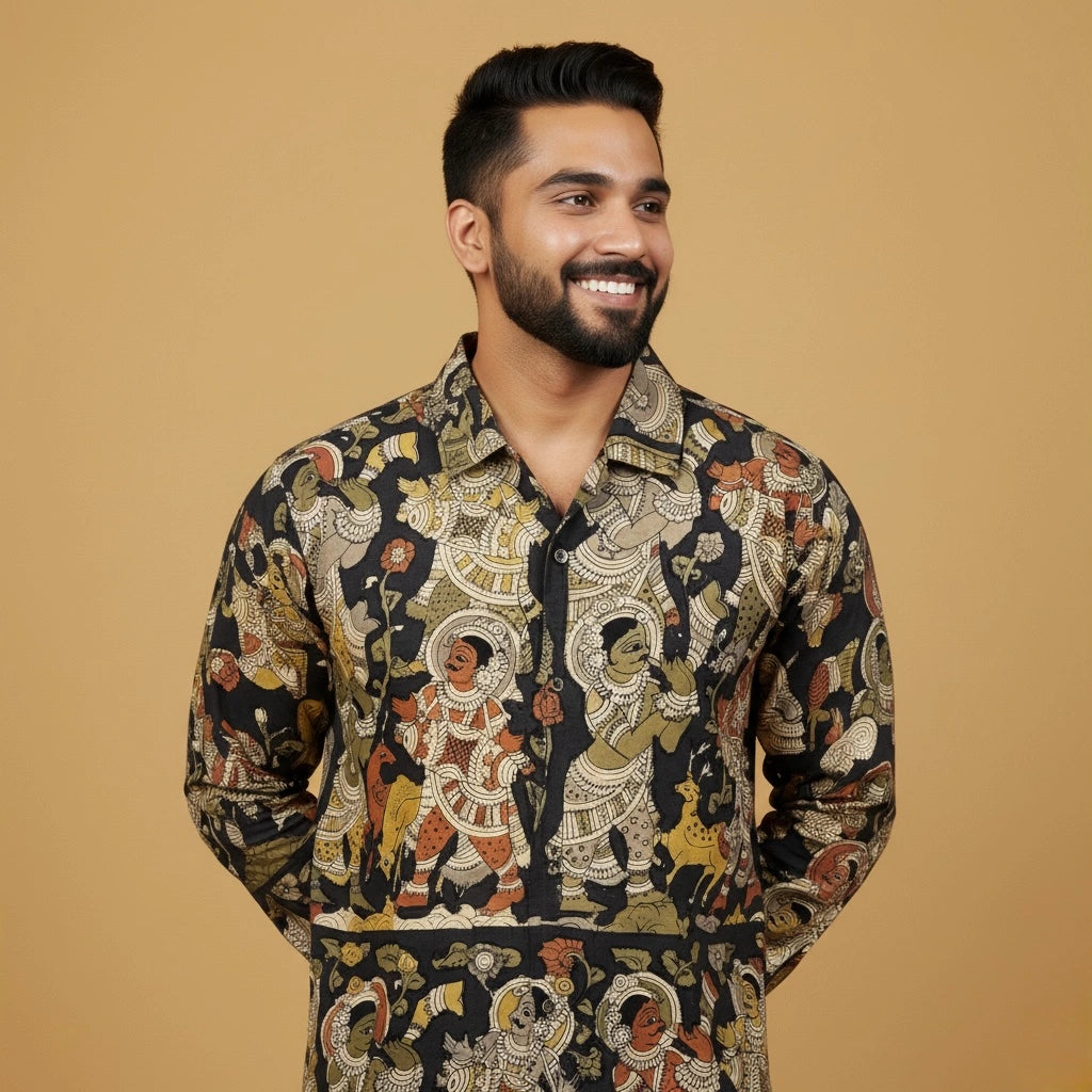 black Ethnic Kalamkari Shirt | Premium Horn Buttons