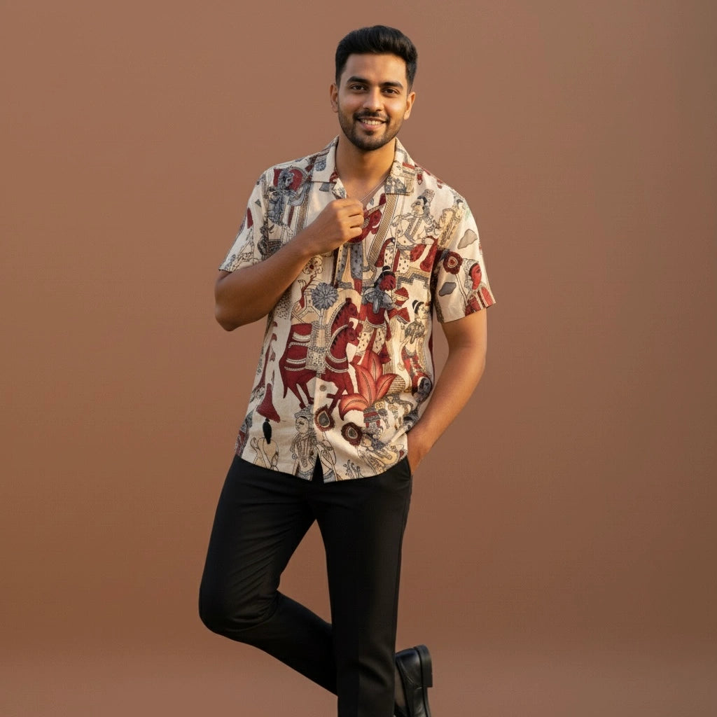 Earthy Beige Kalamkari Shirt | Linen Fabric with Corozzo Buttons