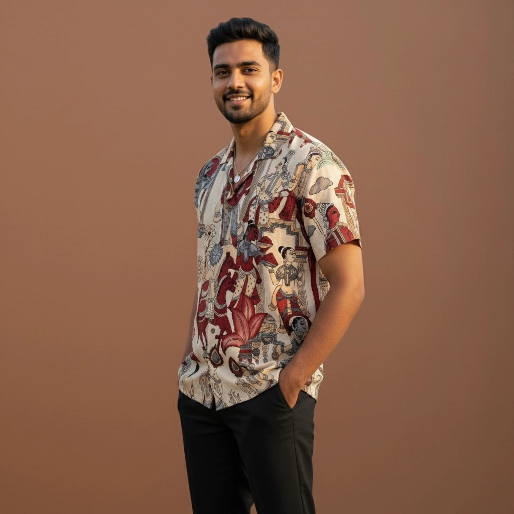 Earthy Beige Kalamkari Shirt | Linen Fabric with Corozzo Buttons