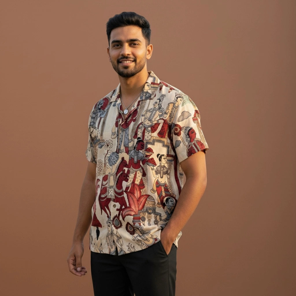 Earthy Beige Kalamkari Shirt | Linen Fabric with Corozzo Buttons