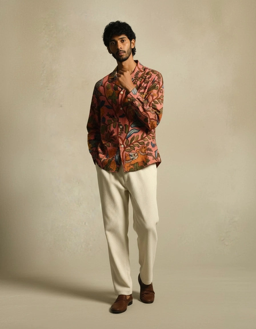 Amber Shirt - Jaisalmer Blush | Men's Relaxed Fit Kalamkari Shirt with Cuban Collar & Mother of Pearl Buttons