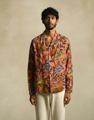 Amber Shirt - Jaisalmer Blush | Men's Relaxed Fit Kalamkari Shirt with Cuban Collar & Mother of Pearl Buttons