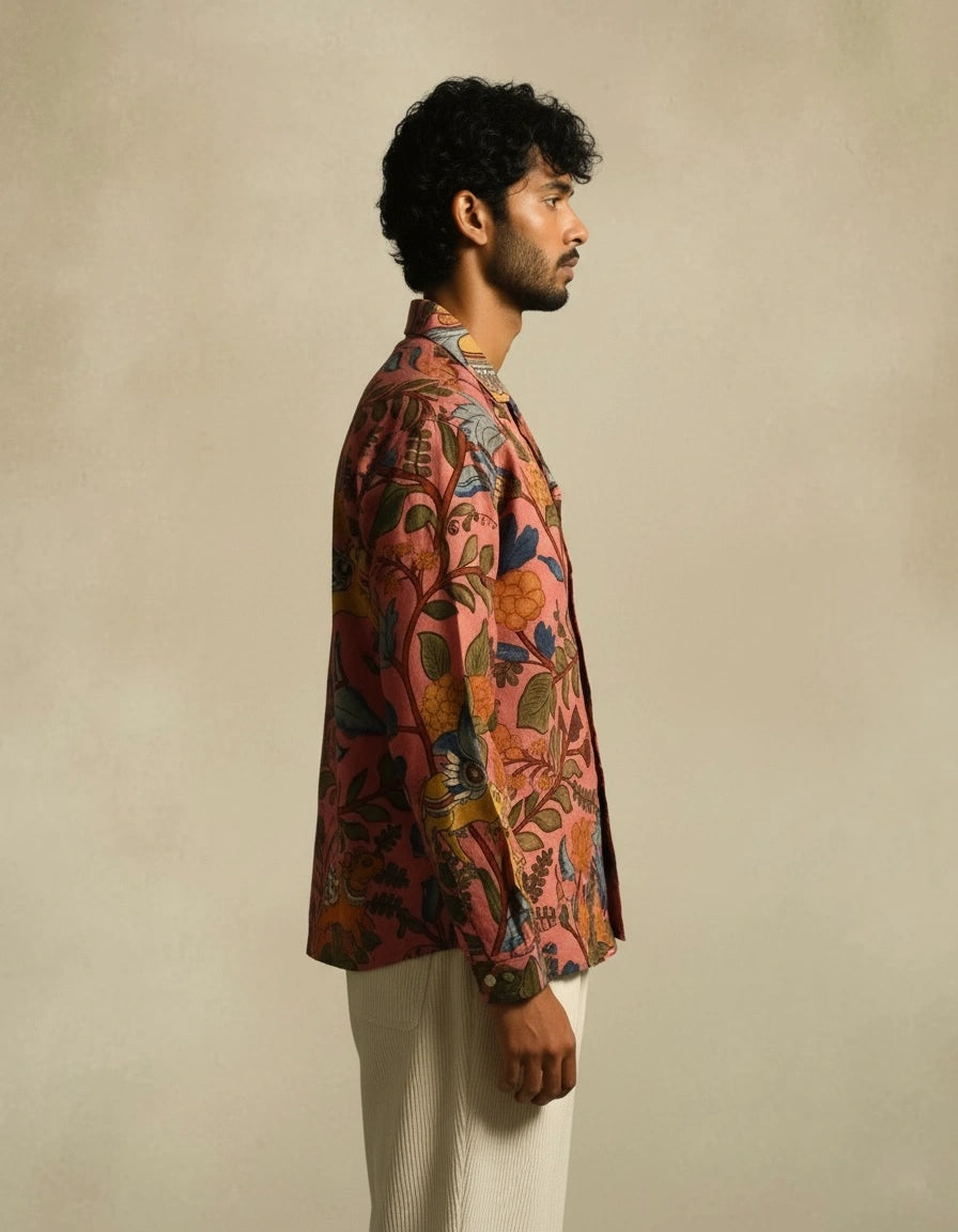 Amber Shirt - Jaisalmer Blush | Men's Relaxed Fit Kalamkari Shirt with Cuban Collar & Mother of Pearl Buttons