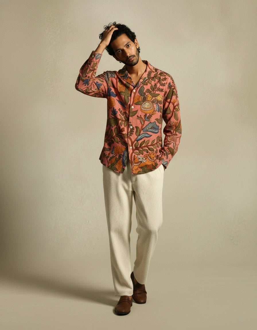 Amber Shirt - Jaisalmer Blush | Men's Relaxed Fit Kalamkari Shirt with Cuban Collar & Mother of Pearl Buttons