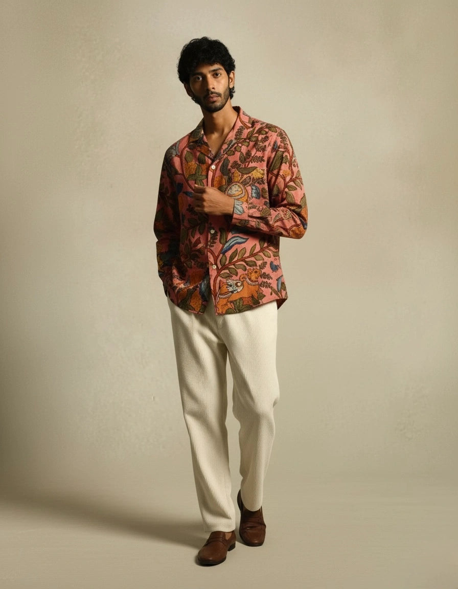 Amber Shirt - Jaisalmer Blush | Men's Relaxed Fit Kalamkari Shirt with Cuban Collar & Mother of Pearl Buttons