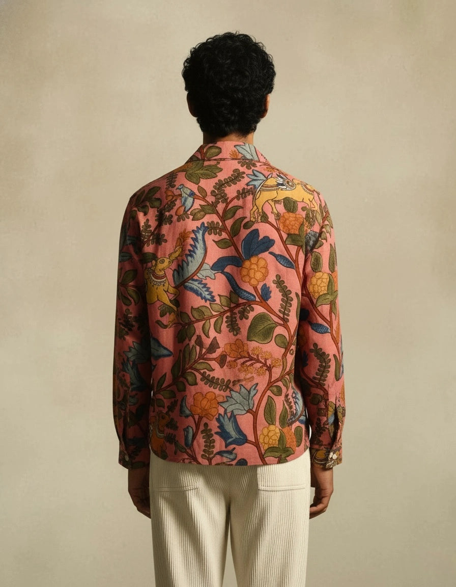 Amber Shirt - Jaisalmer Blush | Men's Relaxed Fit Kalamkari Shirt with Cuban Collar & Mother of Pearl Buttons