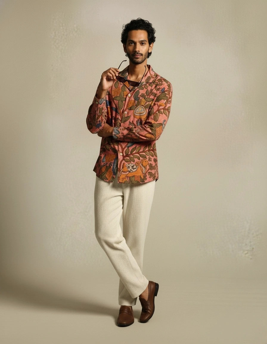 Amber Shirt - Jaisalmer Blush | Men's Relaxed Fit Kalamkari Shirt with Cuban Collar & Mother of Pearl Buttons