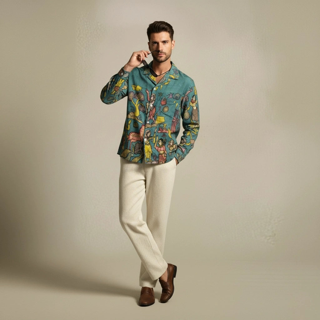 Amber Shirt - Nilgiri | Men's Relaxed Fit Kalamkari Shirt with Cuban Collar & Mother of Pearl Buttons