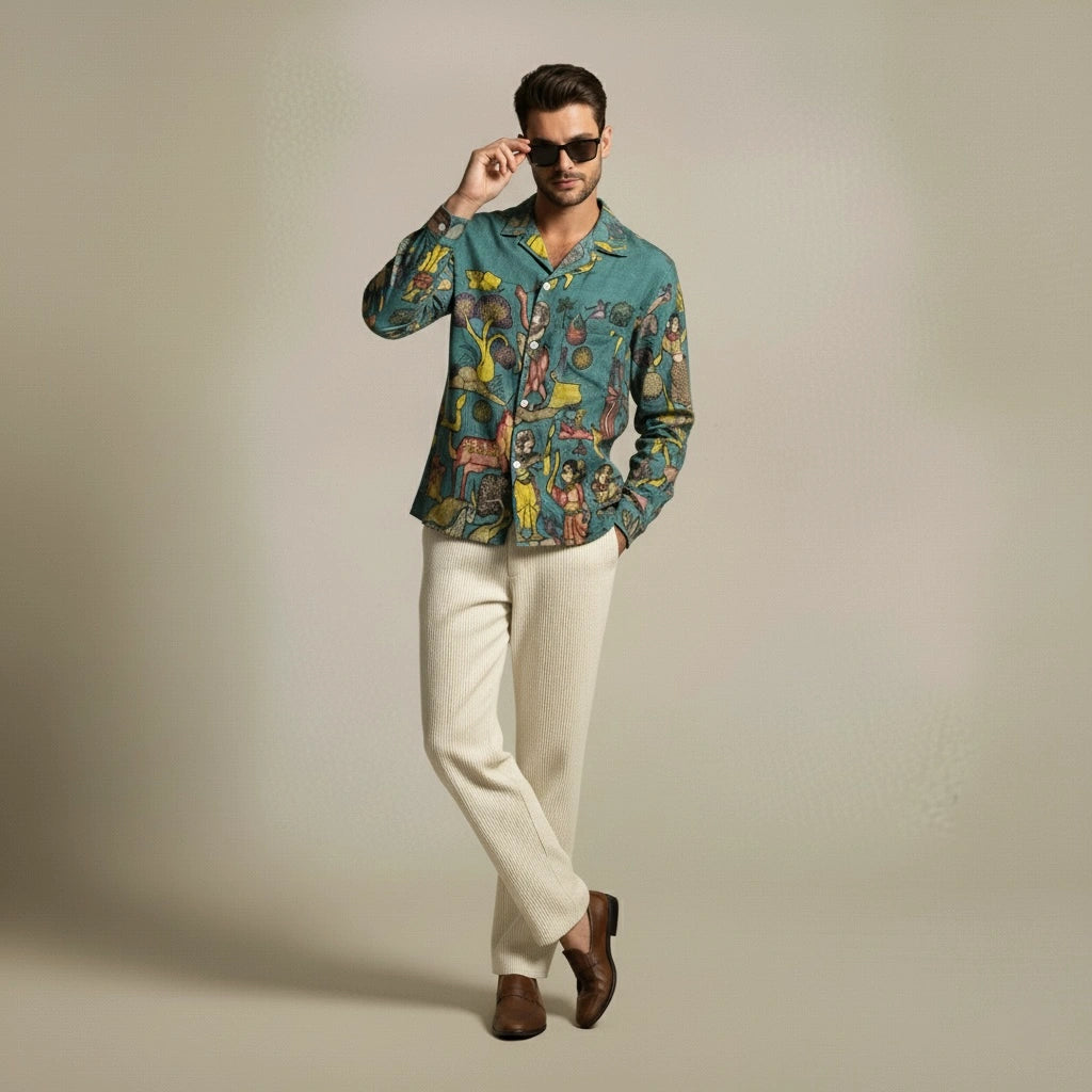 Amber Shirt - Nilgiri | Men's Relaxed Fit Kalamkari Shirt with Cuban Collar & Mother of Pearl Buttons