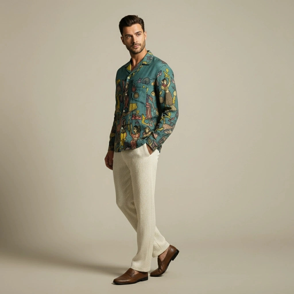 Amber Shirt - Nilgiri | Men's Relaxed Fit Kalamkari Shirt with Cuban Collar & Mother of Pearl Buttons