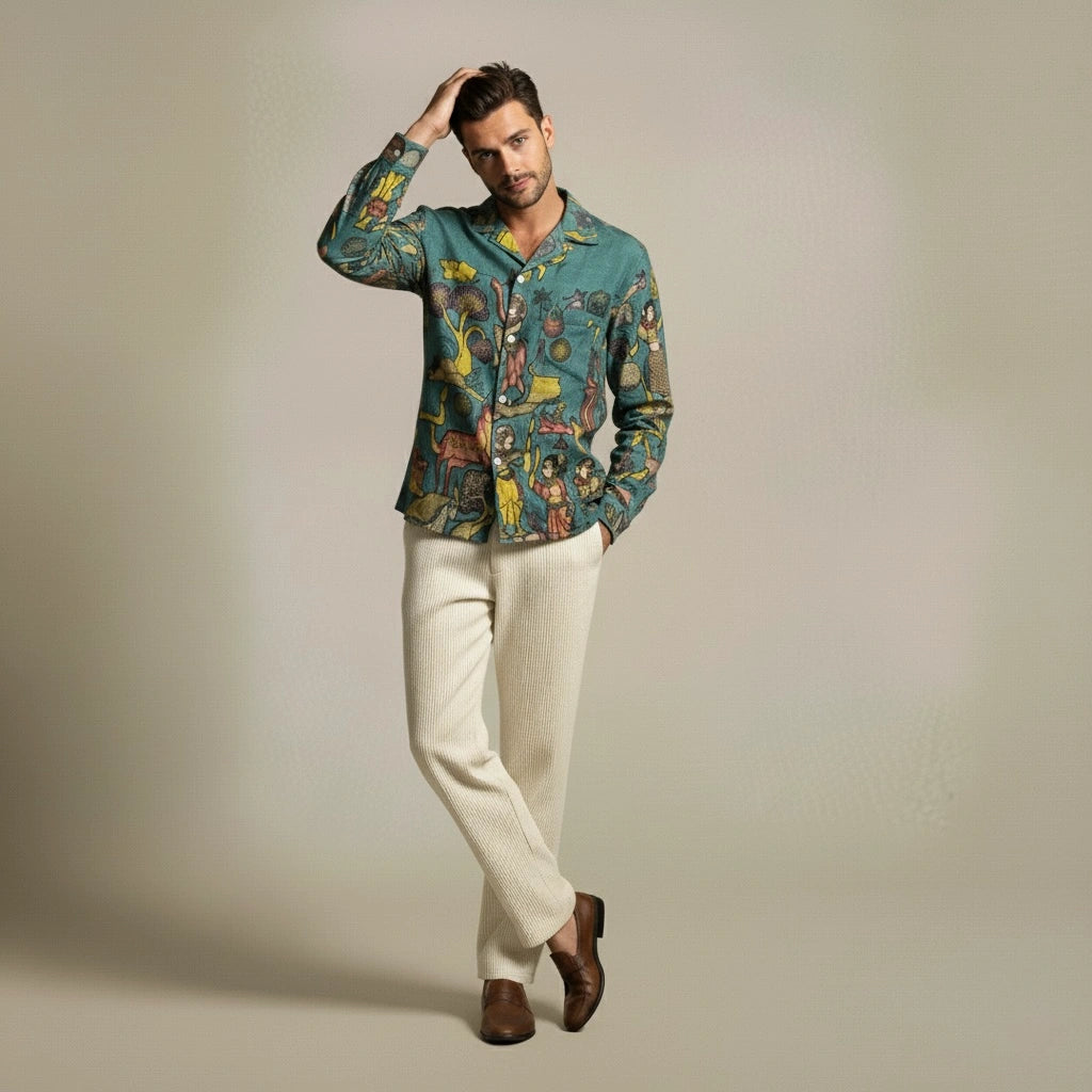 Amber Shirt - Nilgiri | Men's Relaxed Fit Kalamkari Shirt with Cuban Collar & Mother of Pearl Buttons