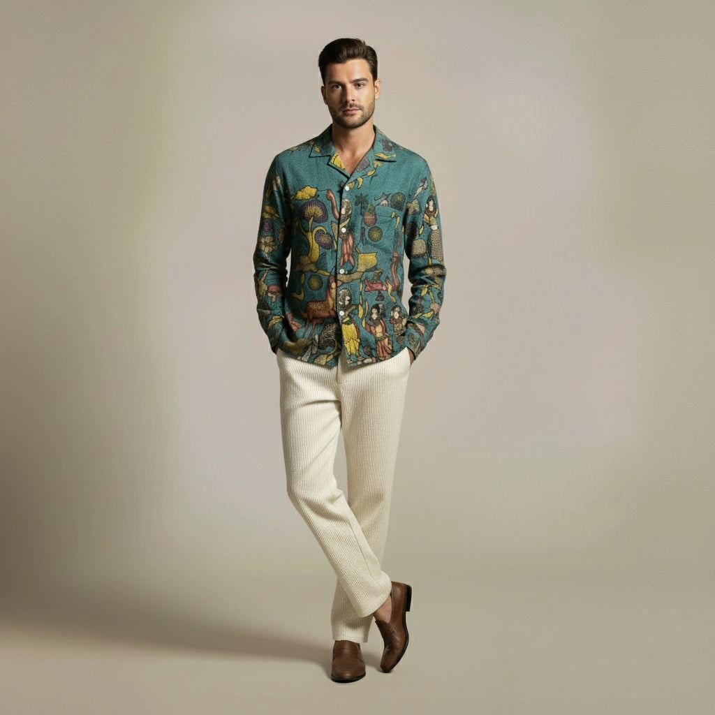 Amber Shirt - Nilgiri | Men's Relaxed Fit Kalamkari Shirt with Cuban Collar & Mother of Pearl Buttons
