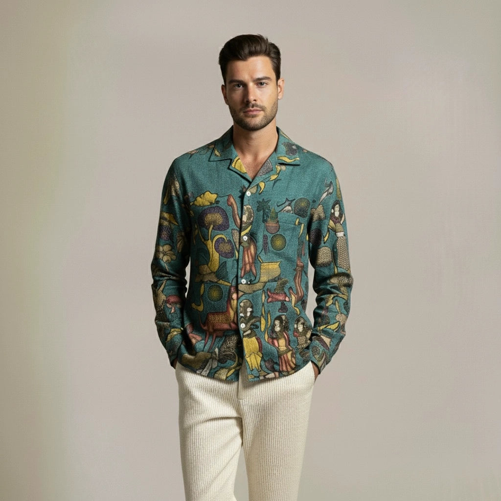 Amber Shirt - Nilgiri | Men's Relaxed Fit Kalamkari Shirt with Cuban Collar & Mother of Pearl Buttons