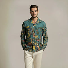 Amber Shirt - Nilgiri | Men's Relaxed Fit Kalamkari Shirt with Cuban Collar & Mother of Pearl Buttons