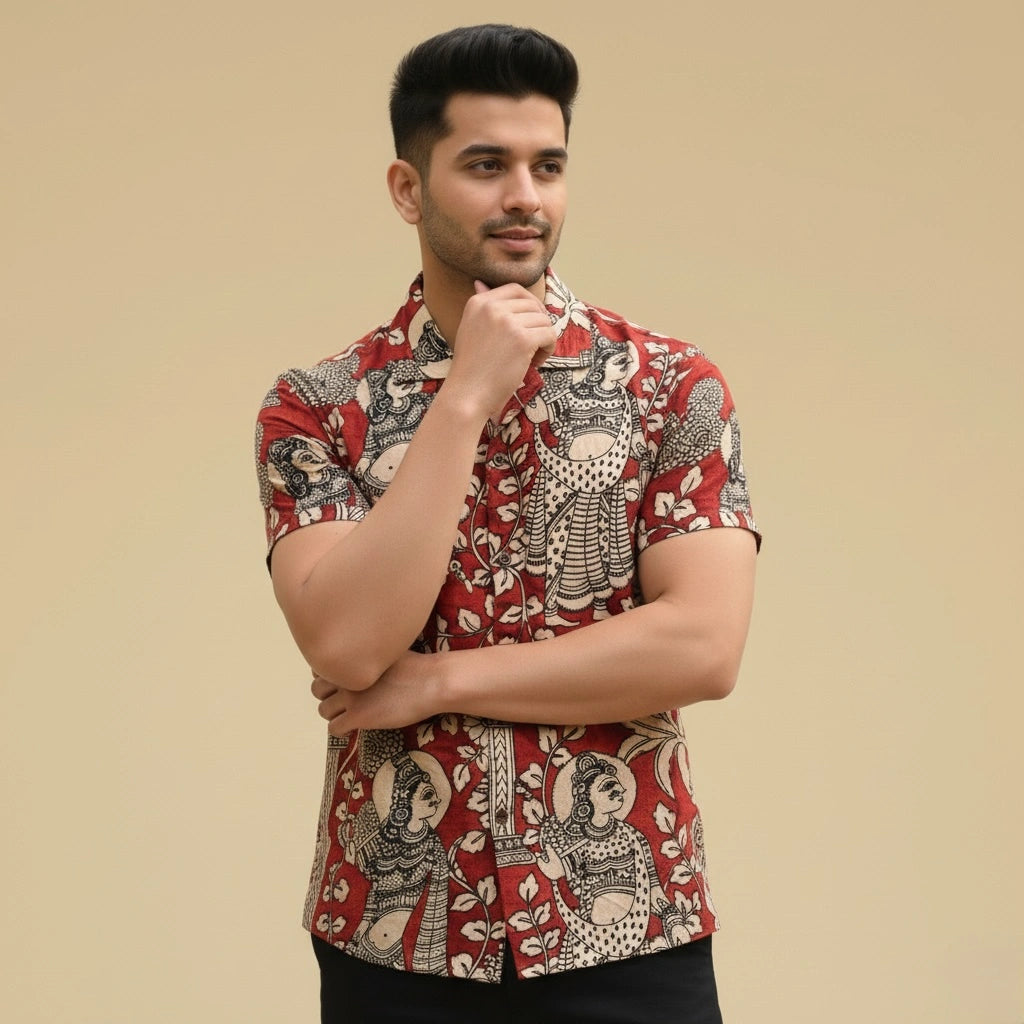 Red Kalamkari Shirt | Linen Fabric and Corozzo Buttons